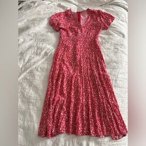 Cheerful Red Floral Summer Midi Dress, Small